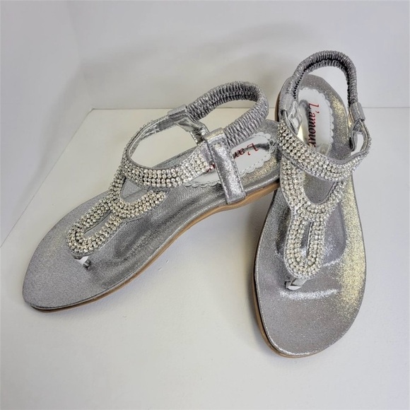 SILVER Rhinestones Adjustable Strap Size 7 Toe Post Summer Beach Womens Sandals - Picture 1 of 12